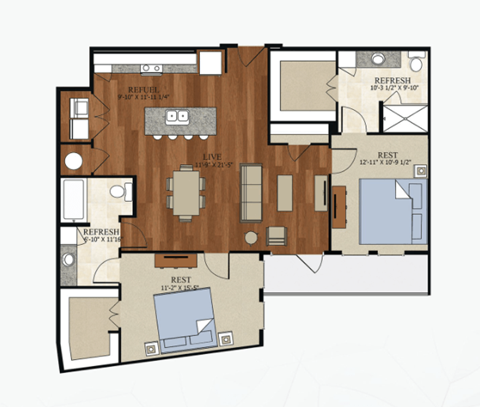 Floor plan for 2 beds, 2 baths, 1234 sqft